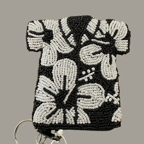 NWT Buxton Mini Beaded Hawaiian Shirt Keychain Pouch Change Purse Black New Vtg - Picture 1 of 6